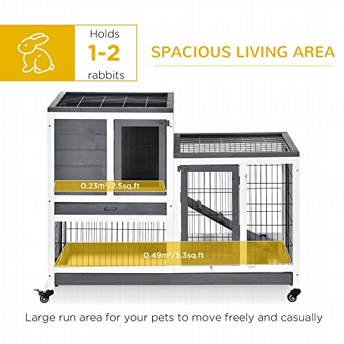 PawHut Wooden Rabbit Hutch Elevated Bunny Cage Indoor Small Animal Habitat with Enclosed Run with Wheels, Ramp, Removable Tray Ideal for Guinea Pigs, Grey | Small Animal Habitat, Enclosed Run, Wheels, Ramp, Removable Tray for Rabbits, Chickens, Ducks - co