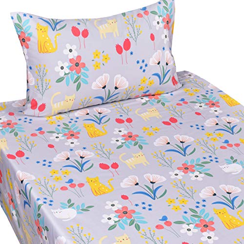 Scientific Sleep Kitty Cats Flowers Girls Kids Teen Girls 100% Cotton Twin Bed Sheet Set, Flat Sheet & Fitted Sheet & Pillowcase Bedding Set (Cats Flower, Full) - color: Cats Flower, size: Full