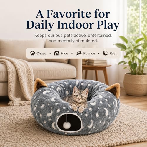 Cat Tunnel Bed Under Christmas Tree with Plush Ball Toy Playground Crinkle Collapsible Self-Luminous Flannel Fabric 3FT for Large Cats Kittens Kitty Small Animals Puppy Grey Moon Star - size: 3FT