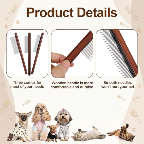 3Pcs Solid Wood Cat Combs, Dog Cat Grooming Comb with Wooden Handle | Stainless Steel Teeth, Pet Grooming Supplies Accessories for Hairy Pets