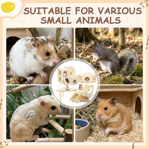 BreezeHug 4 Pcs Hamster Cage Accessories Hamster Platform Hideout Wooden Tunnel Ladder Playhouse Game Climbing Toy with Platform for Pets Dwarf Syrian Mice Degus Gerbils Squirrel(Spy Villa) - style: Spy Villa