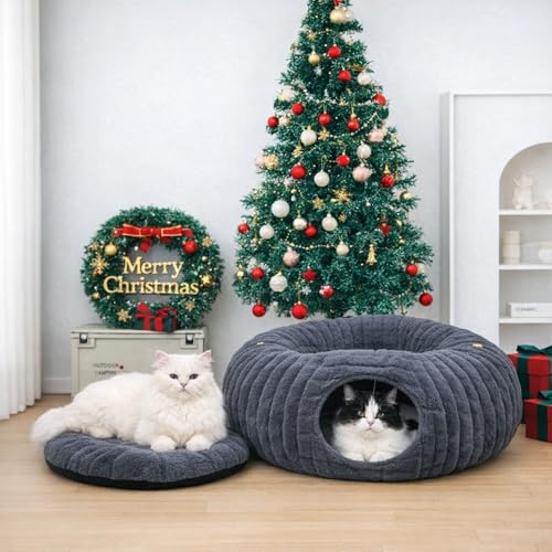 Dogpals Cat Tunnel Bed Cave 33" Lx10 Wx10 H for Indoor Cats | Washable Cozy Cushion, Soft Striped Plush Fabric, Hideaway Peekaboo Cave for Kittens, Puppies, Rabbits & Small Pets - color: Deep Grey