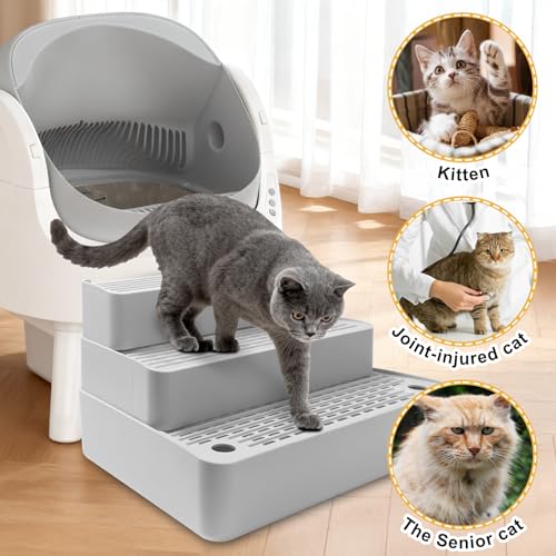 Adjustable 3 Steps Cat Litter Box Step, Litter Box Ramp/Catcher | Filter Function, Non-Slip, Easy to Clean,Cat Litter Stair, Small & Elderly Cats, Fits Automatic Litter Box Steps, Light Grey