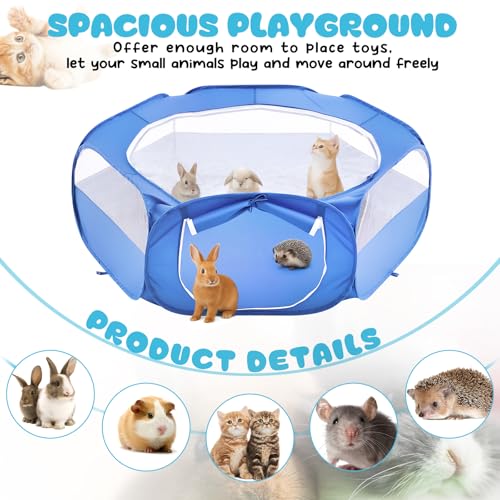 Small Animal Playpen & Grooming Kit, Portable Foldable Pet Playpen with Mesh Top for Rabbits, Guinea Pigs, Hamsters, Hedgehogs, Includes Feeding Bowls, Grooming Tools, and Bedding Mat, Blue
