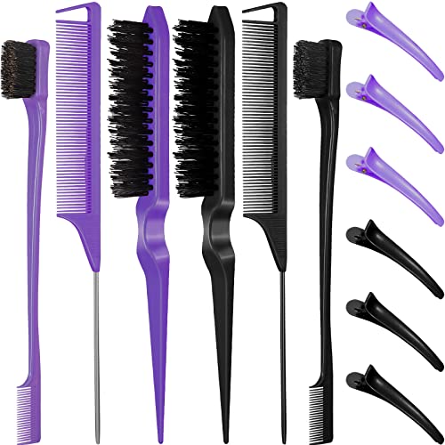 12 Piece Nylon Brushes Set for Grooming - Salon Teasing Brush, Double-Sided Edge Brush, Smooth Comb, Rat Tail Combs with Duckbill Clips for Women and Girls (Purple, Black) - color: Purple, Black