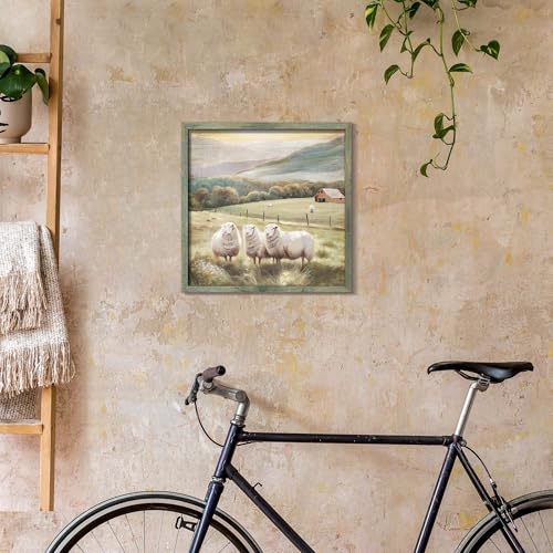 Country Wall Art Decor Farmhouse: Rustic Farm Animal Framed Wood Print Picture Barn Sheep Artwork Countryside Rural Painting for Living Room Bedroom Office 16 x 16 Inches - color: Farm Sheep, size: 16L" x 16W"