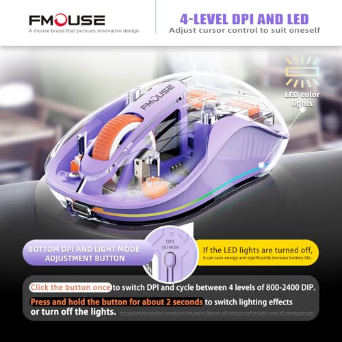 FMOUSE Transparent Wireless Mouse, Tri-Mode Bluetooth & 2.4GHz, Purple | USB-A & USB-C Receiver | Rechargeable | 3 Devices for MacBook Laptop iPad PC | Silent Clicks | Portable | RGB | 4-Level DPI - color: Purple