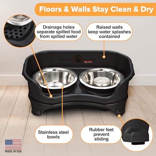 Neater Feeder Express Mess Proof Dog Bowls Elevated for Small Breed – Made in USA – No Spill Raised Slow Feeder Elevated Dog Bowl Stand, Stainless Steel Food and Water Bowl Set, Black - color: Midnight Black, size: Small w/ Metal Slow Feed Bowl