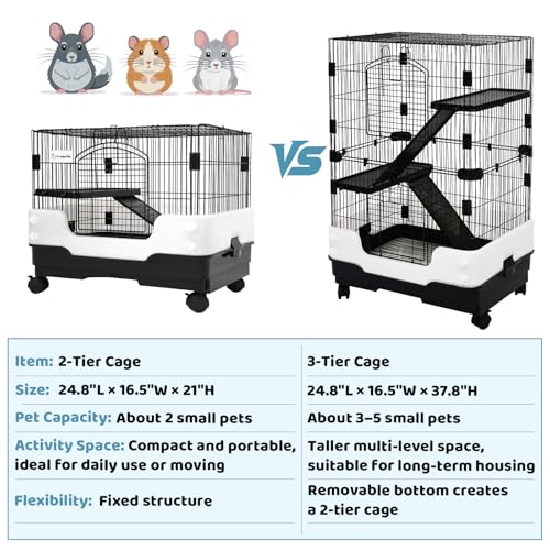 Homey Pet Rat Cage, Small Animal Cage for Ferret, Chinchilla, Guinea Pig | Portable, Lockable Wheels, Splash Guard, Easy-Clean Pull-Out Grid Tray, Non-Slip Ramp, Safe Lock, Chew-Proof, Black 2-Tier - size: 25.0"L x 16.5"W x 21.0"H
