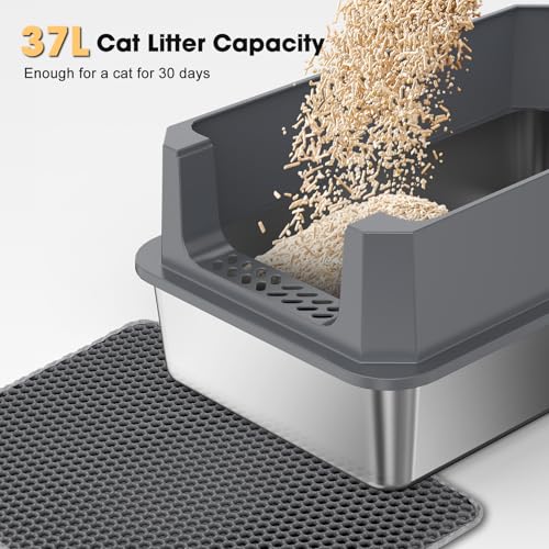 FURTIME Stainless Steel Cat Litter Box, Extra Large Cats Metal Litter Box | High-Sided Open-Top Easy-Clean Litter Pan, Non-Stick, Anti-Leakage, Odor-Free, Comes with Scoop & Mat, 23"×15"×10.5" - color: Grey, size: Large