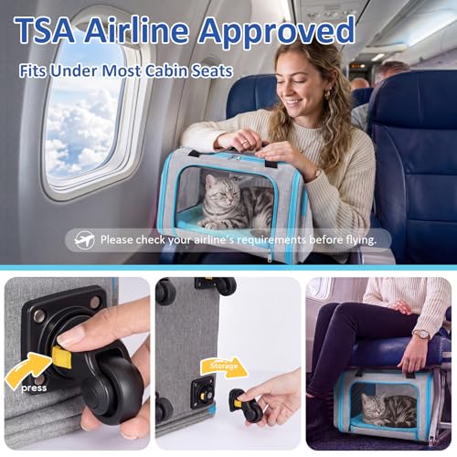 Airline Pet Carrier with Wheels, 18x11x11 for Cats & Toy Dogs | Soft-sided nylon under-seat bag, removable wheels, expandable mesh, cats & toy-breed dogs, measure pet before buying - color: Blue