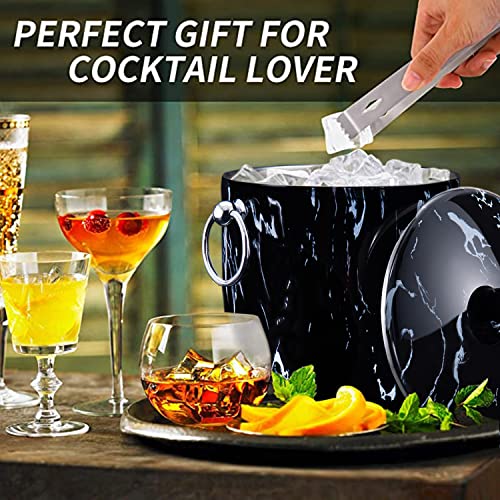 Ice Bucket with Lid, Scoop, Tongs and Strainer - Well Made Insulated Stainless Steel Keep Ice Frozen Longer - Ideal for Cocktail Bar, Parties, Chilling Wine, Champagne - 3 Liter (Black Marble) - color: Black Marble