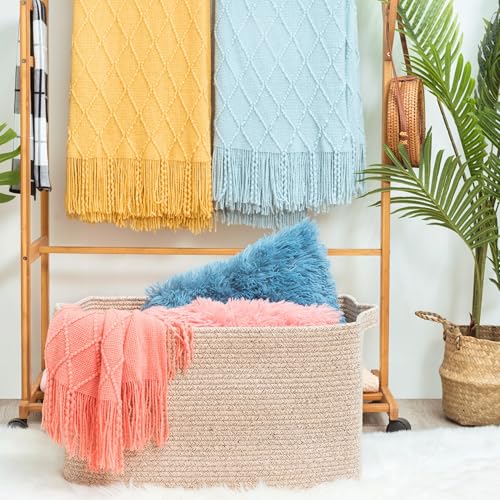 22in Extra Large Blanket Basket Holder Living Room, Rectangle Rope Woven Storage Basket with Handles for Laundry, Pool Towels, and Shoes, Dog Toy Organizer Bin Box, Oatmeal Brown - color: Oatmeal Brown