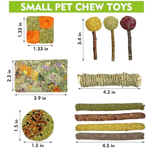 Fhiny Rabbit Chew Toys, 33 PCS Natural Guinea Pig Chew Toys for Teeth Handmade Small Animal Timothy Molar Sticks & Cakes Bunny Snacks Hamster Treats for Guinea Pig Bunny Chinchilla Hamster Gerbil