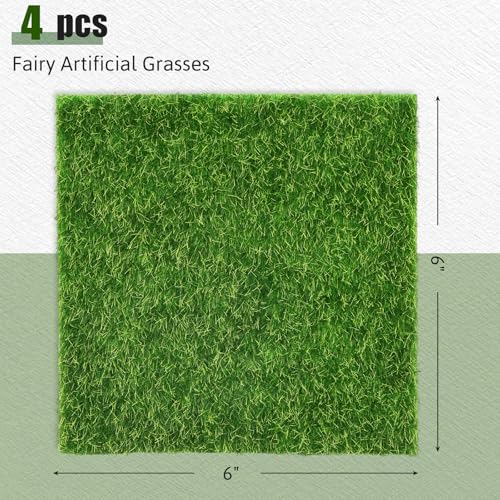 4 Packs Fake Grass Decor for Crafts, 6" x 6" Fairy Artificial Moss for Miniature Garden, Dollhouse Accessories Diorama Supplies DIY Decoration - color: Green