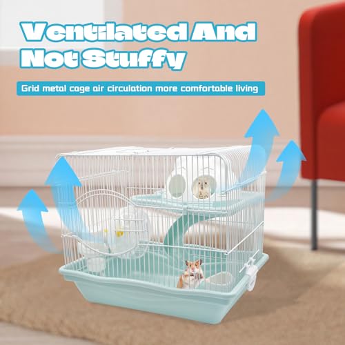 2-Tier Portable Hamster Cage and Habitats,Travel Metal Mouse Cages with Free Water Bottle,Houses and Exercise Wheel for Any Breed of Hamster and Small Animal (14.6x11.0x11.8inch Light Blue) - color: 【Light Blue】
