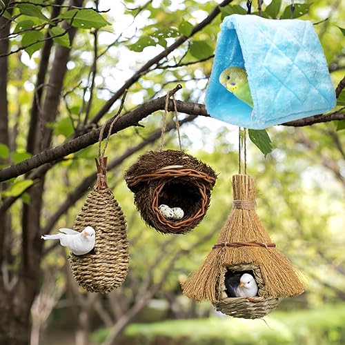 2 Pack Warm Bird Nest House Bed Hanging Hammock Plush Hanging Snuggle Cave Sleeping Bed Happy Hut for Parrot Parakeet Cockatiel Conure Cockatoo African Grey Macaw (Blue&Purple) - color: Blue and Purple
