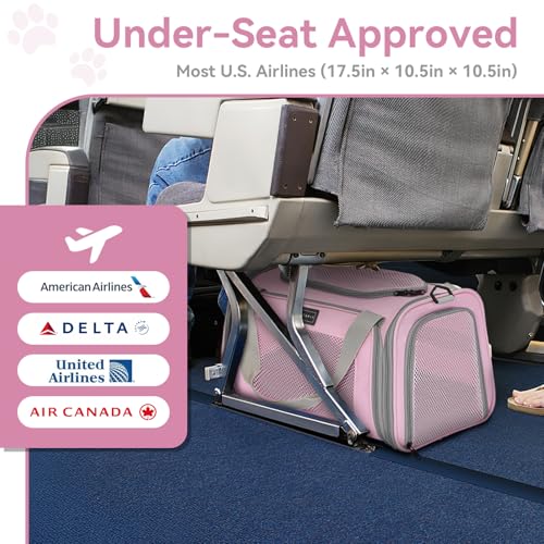 Petsfit Cat Carrier Airline Approved, 17.5×10.5×10.5 in, Pink | Escape-Proof Design with Locking Zippers & Safety Leash, Easy-Access 3-Way Entry, Washable Mat up to 12 lb - color: Pink, size: Medium