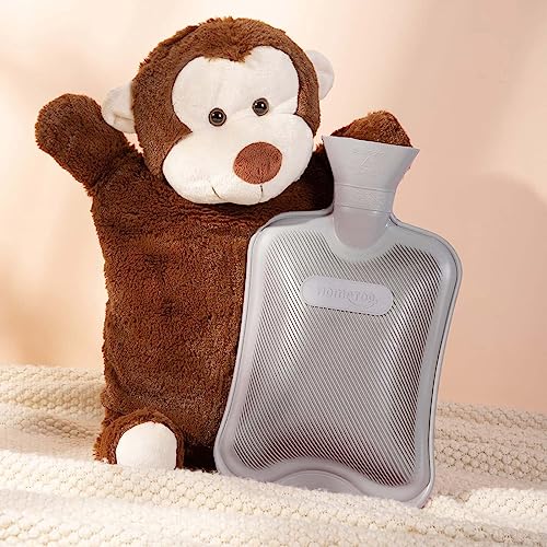 HomeTop Premium Classic Rubber Hot Water Bottle with Triceratops Cover | Natural rubber hot water bottle,Long-lasting heat retention,Snuggly all-night warmth - color: Gray/Monkey