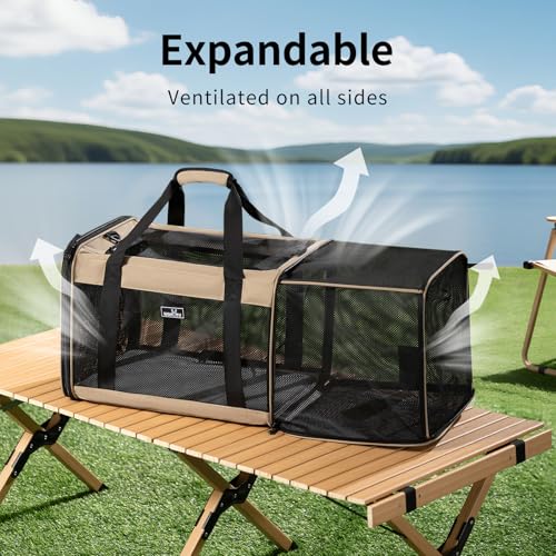 Wakytu Expandable Pet Carrier for Dogs & Cats, Large Travel Bag with 5 Mesh Windows, 2 Entrances, Locking Zippers & Padded Straps,L