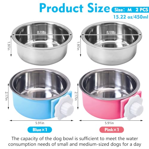 kathson Crate Dog Bowl, Removable Stainless Steel Hanging Pet Cage Bowl Food & Water Feeder Coop Cup for Cat, Puppy, Birds, Rats, Guinea Pigs (2 PCS, Size: M, Blue and Pink) - color: Size: M (Blue, Pink), size: 2 PCS