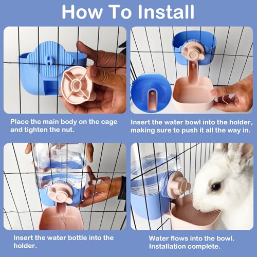 Rabbit Water Bottle, 34oz Pet Hanging Automatic Water Dispenser | Cage Grid Spacing 1.1''-2.1'', Cat Water Feeder for Small Animal Ferret Guinea Pig Chinchilla Small Dog - color: Blue&Pink