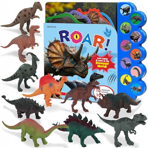 iGRATENS Dinosaur Toys with Sound Books, 10PCS Dino Toy for Toddlers & Animal Sounds Book with 10 Buttons, Realistic Plastic Animal Figures, Dinosaur Toys for Kids 3-5, Dinosaurs Lover Gifts for Kids - style: Dinosaur