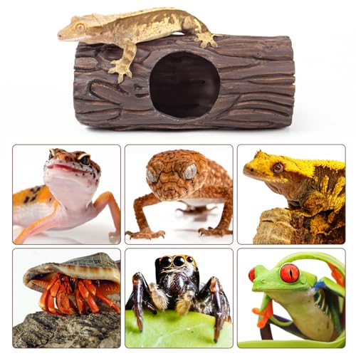 Reptile Hide, Resin Hollow Log Hideout with 2pcs Powerful Suction Cup, Reptile Tank Accessories Climbing Toys Terrarium Hideaway Caves Decor for Gecko, Lizard, Snakes, Hermit Crabs, Forgs