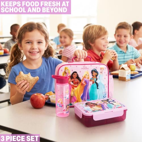 Get Trend Disney Princess Girls Lunch Bag, Bento Box & Water Bottle Set | Insulated Lunch Bag, 3 Compartment Lightweight Snack Box, 22 fl oz BPA-Free Water Bottle with Straw, School, Gifts for Girls - color: Pink/Multi Princess