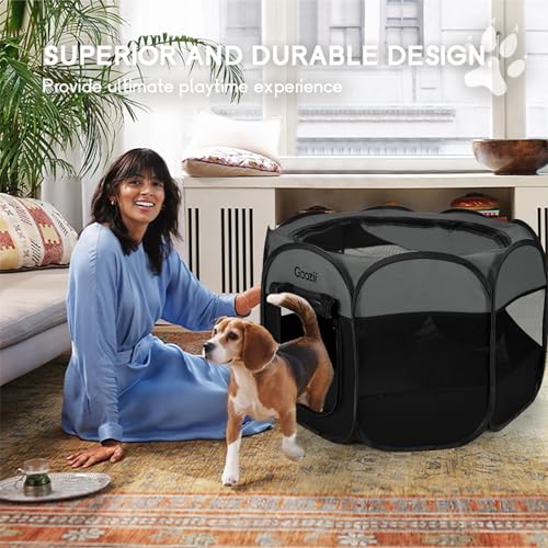 Goozii Portable Dog Playpen for Large Dogs, Collapsible Puppy Pet Cat Playpen with Zipper Top Cover (Large Size, Grey-Black) - color: Grey-Black, style: L [44.8" x 44.8" x 23.5"]