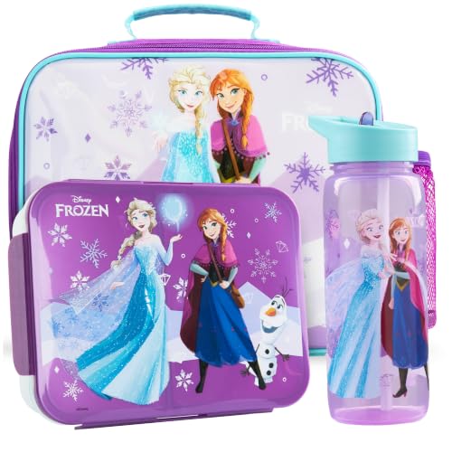 Get Trend Disney Frozen Girls Lunch Bag, Bento Box & Water Bottle 3 Pc Set | Insulated Lunch Bag, 3 Compartment Lightweight Snack Box, 22 fl oz BPA-Free Water Bottle with Straw, School, Gifts for Girls - color: Turquoise/Purple Frozen