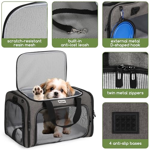 Pet Carrier for Cats & Small Dogs, Travel Carrier with Anti-Collapse Support, Chew Resistant Buckles, Luggage Sleeve, Multi-Pocket Storage, Reversible Mat & Bowl (Gray, Medium (17.5"x11"x11.5")) - color: Gray