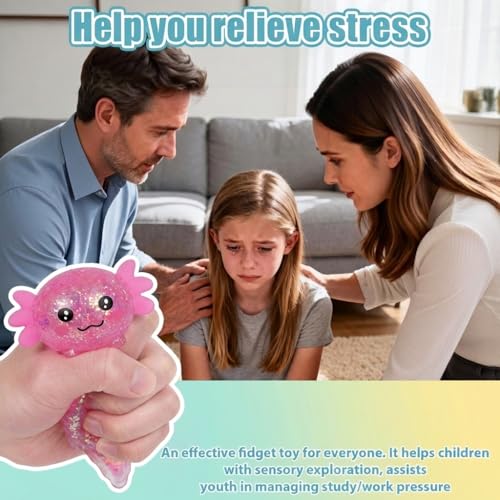 3.94 in Pink Glitter Crawling Axolotl Squishy Slow Rising | Soft TPR, Floating Glitter, squeeze toy, busy hands, stress relief, focus support, home, class, travel, kids and adults - color: Pink