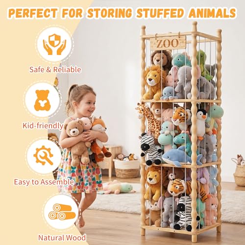 Stuffed Animal Storage Organizer, Wood Animals Zoo Toy Plushies Storage Holder with Cute Wave Design, Large Capacity Plush Toy Cage for Kids Room, Nursery & Playroom Organization(54" Tall)