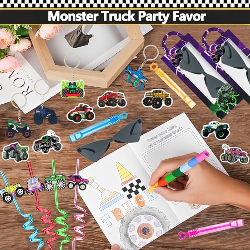 110PCS Monster Truck Party Favors, Birthday Decorations and Goodie Bag Toys | 110PCS monster truck party favors with boxes, trucks, sunglasses, stickers, bracelets, keychains, bubble wands and straws. - style: Monster Truck