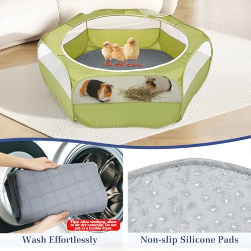 Pawaboo 2-in-1 Small Animals Playpen with Pad, Green+Gray | Waterproof, Reusable Pad, Portable Outdoor Yard Fence with 3 Metal Rod, For Chick/Kitten/Guinea Pig/Rabbits/Chinchillas - color: U-Green+Gray