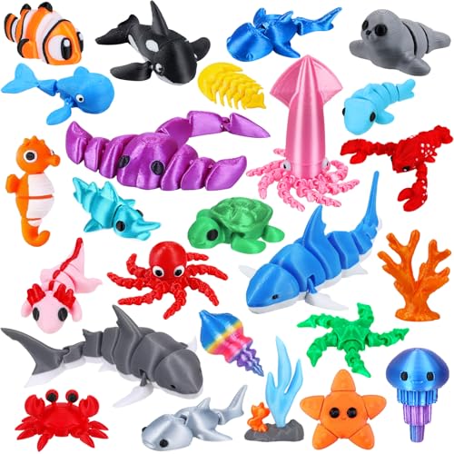 ywevyezc 25 Pcs 3D Printed Ocean Animals Set, Flexible Articulated Mini Sea Animal Figurines Fidget Toy Desk Pets, Ideal for Party Favors Birthday Gifts Office Desktop Home Decor - style: 25Pcs-3D Ocean Animals