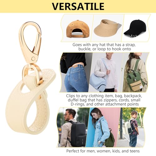 Hat Clip for Travel, Cap Holder Strap for Bags | Faux leather tab, zinc alloy clasp, fits baseball snapback and ponytail caps, mouse ear holder, hands free travel - color: Ivory