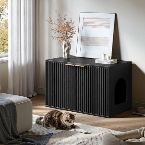 Evermagin 31.5" Cat Litter Box Enclosure Furniture | Black Hidden Litter Box Cabinet, Modern Indoor Cat House, Fluted Kitty End Table for Living Room, Bedroom, Entryway - color: Black