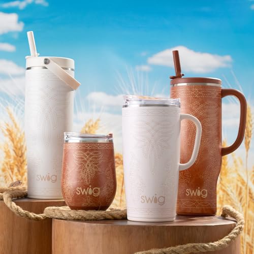 Swig Life 30oz Leakproof To-Go Tumbler with Handle, Saddle Stitch Cream | Leakproof Lid - Triple Insulated Stainless Steel - Handle & Straw Included - Cup Holder Friendly - Dishwasher Safe - color: Saddle Stitch Cream