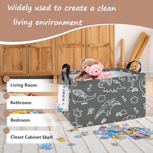 Rectangular Fabric Storage Bin, Foldable Line Dinosaur print Basket | Damp-proof canvas with reinforced stitched handles.Great for clothes,books and sundries in closets,playrooms,laundry rooms. - color: REC Gray Line Dinosaur