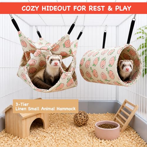 Ferret Hammock and Tunnel Set, 2-in-1 Hanging Bed and Hideout | Double-layer linen, 3-tier hammock and padded tunnel, metal hooks; for guinea pigs, rats, chinchillas and small pets - color: Peach