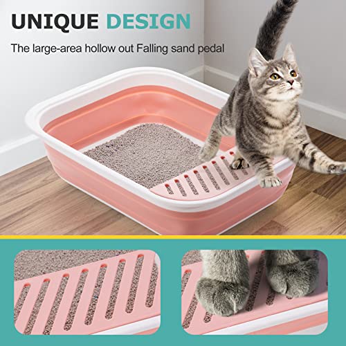 Open Top Cat Litter Box, Large Foldable Cat Potty Height-Adjustable Sides Anti-Splash, Open Air Kitty Litter Pan No Smell, Cat Toilet Easy Clean with Cat Litter Scoop (Pink) - color: SMALL PINK