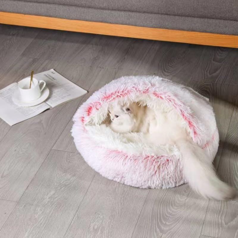 Round Fluffy Hooded Cat Bed Cave, Anti-Anxiety Cave Bed with Blanket | Hooded Cat Bed Cave, Cozy Cuddler Luxury Puppy Pet Bed, Anti-Slip Bottom and Machine Washable - color: Pink, size: Medium