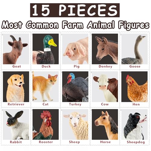 Divwa 15 Pcs Farm Animal Toy for Toddler Kid, Plastic Toy Farm Animal Figure Set Playset Including Cow Horse Goat Sheep Pig Donkey Goose Duck Turkey Chicken Dog Cat Rabbit for Kid Age 3-5 5-7