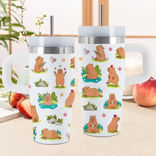 Capybara 14 oz Water Bottle, with Handle Straw, Insulated Cup | 14oz Capybara Stainless Steel Sports Tumbler, Reusable Leak proof Vacuum Mug, Christmas Birthday Animal Gift for Daughter Son - color: Capybara-White