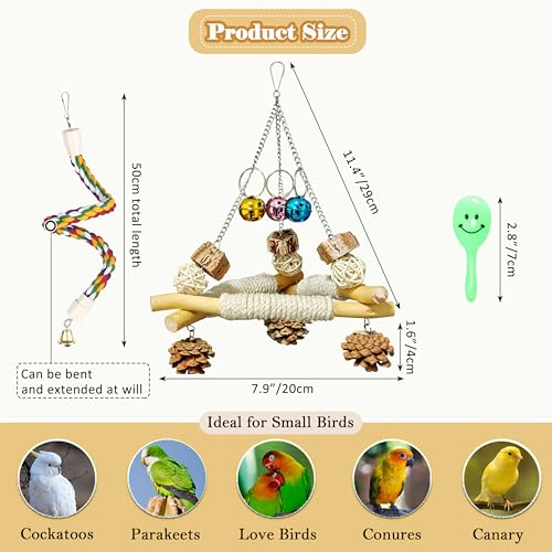 3 in 1 Bird Swing and Climbing Rope Set Triangle Wooden Perch with Bells and Natural Chew Toys Flexible Cotton Rope Ladder and Maraca Toy for Cockatiels Conures and Budgies