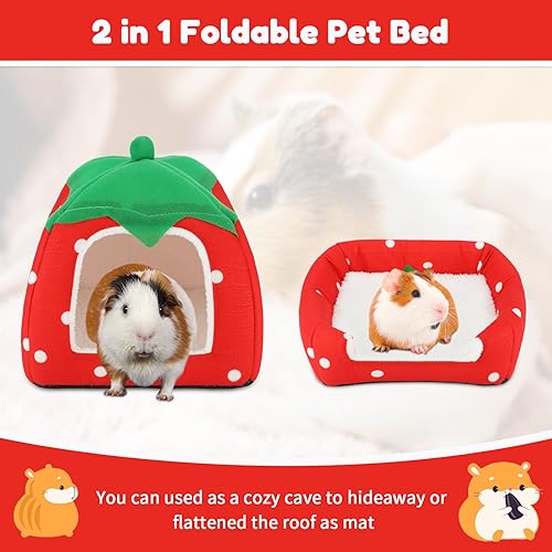 BWOGUE Guinea Pig Bed Hideout, Washable Hamster Cave for Small Animals | Removable Cushion for Cleaning, Warm Fleece Nest, Washable Bed, 10 x 9.8 x 9 in, Dwarf Rabbits Hedgehogs - color: Strawberry Red