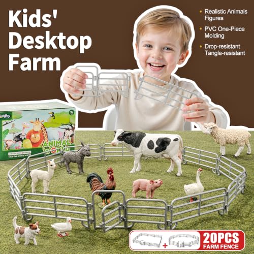 20PCS Large Farm Animal Corral Fence Toys with 2 Gates Fences for Kids Boys Girls, Educational Farm Animal Cake Toppers for Toddlers Children. - style: Silver 20PCS