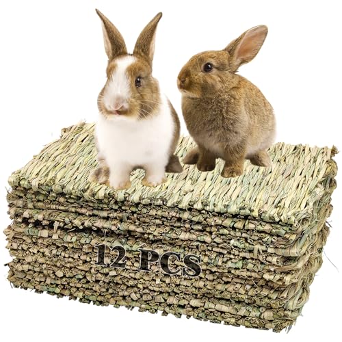 kathson 12 PCS Large Grass Mat for Rabbit, Natural Bunny Woven Hay Mat Straw Small Animal Bedding Nest for Guinea Pigs Hamster Chinchillas Puppy Biddy Sleeping Chewing Scratching